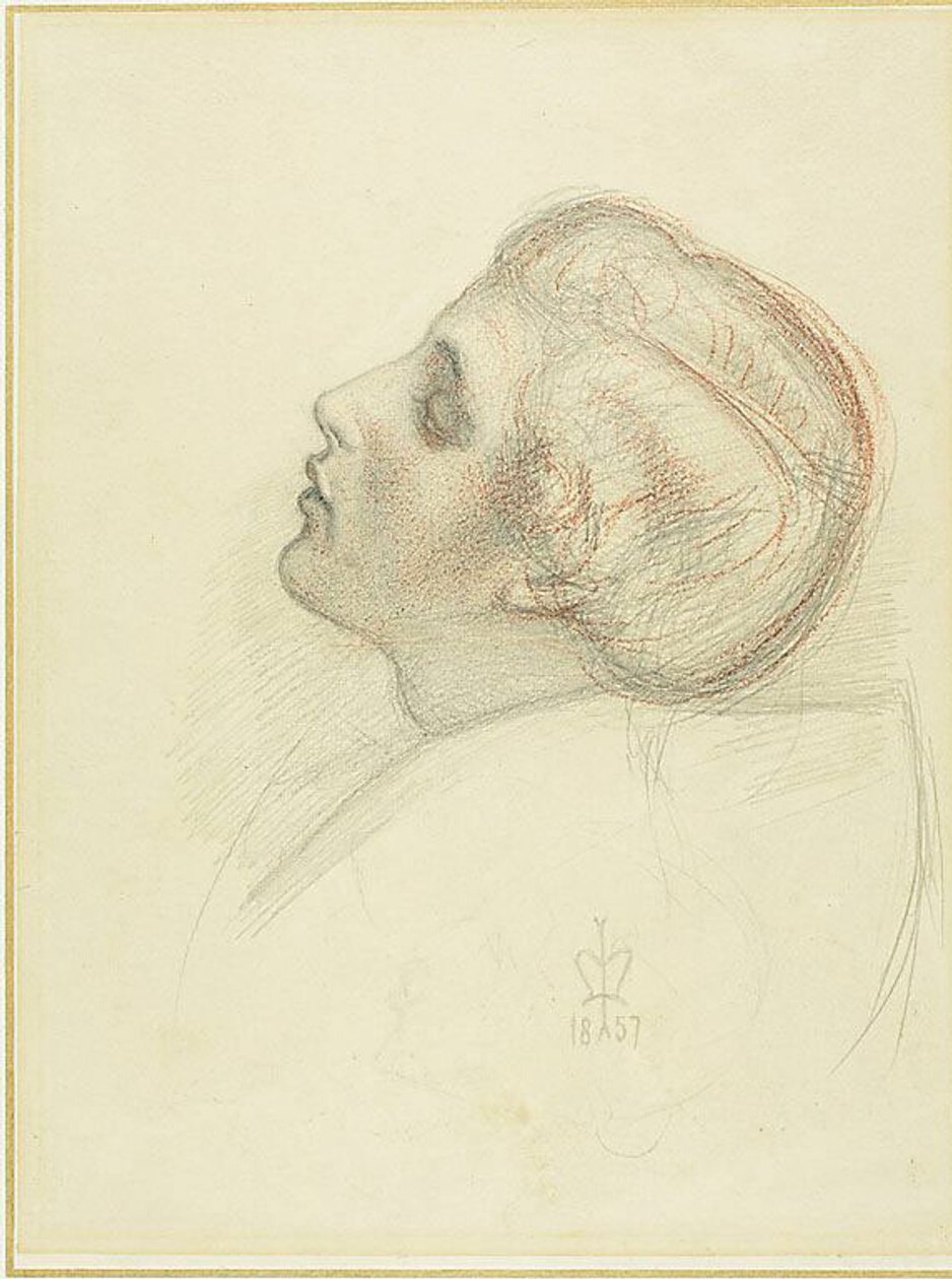 Studie pro hlavu zachraňujícího milence v Útěku kacíře od Sir John Everett Millais