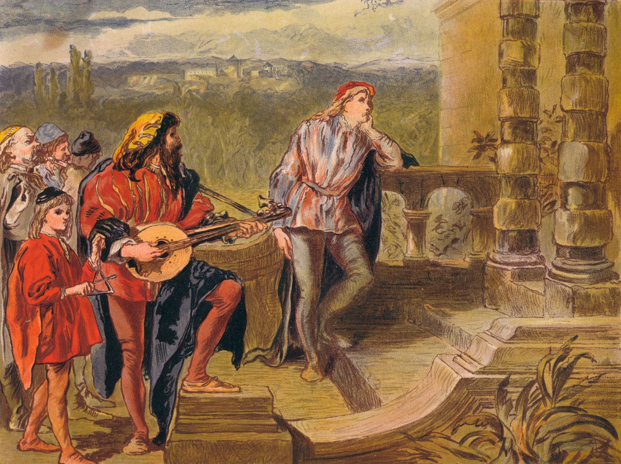 Hudebník zpívá v The Two Gentlemen of Verona: Act IV Scene II, c1875 od Sir John Gilbert