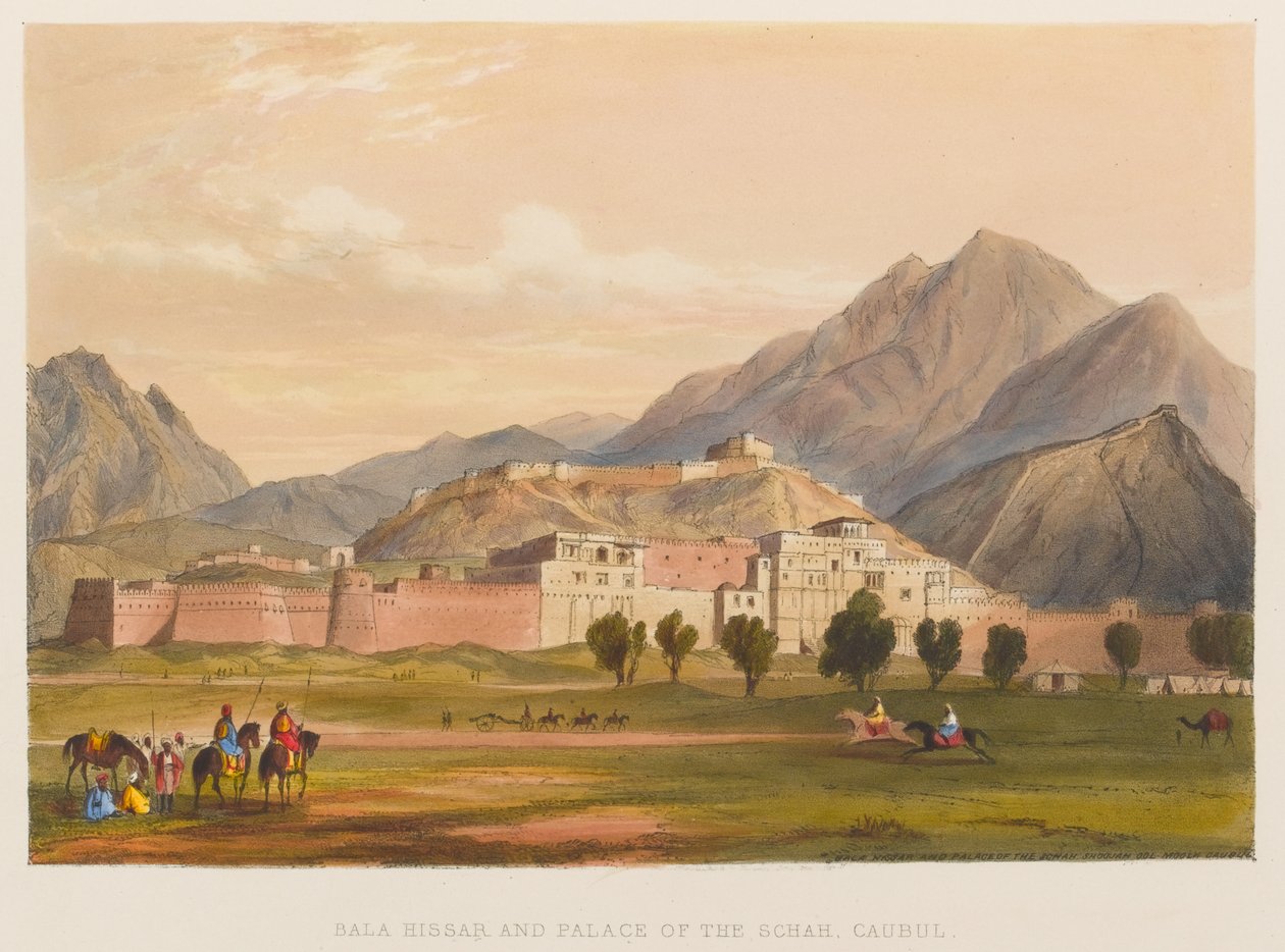 Bala Hissar a palác Schah, Caubul (barevná litografie) od Sir Keith A. Jackson