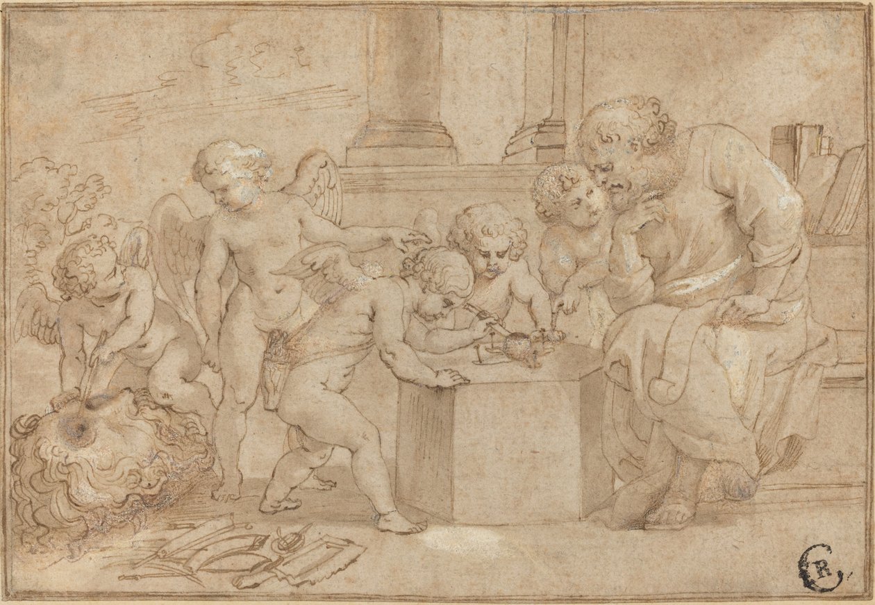Starší muž sleduje Putti pitvat oko od Sir Peter Paul Rubens