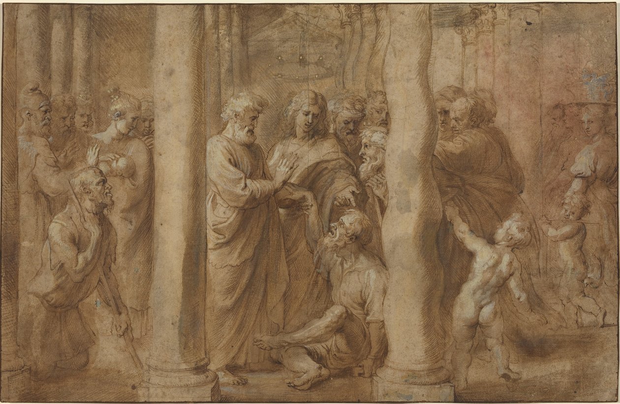 Zázrak chromého uzdraveného svatým Petrem a svatým Janem od Sir Peter Paul Rubens over Anonymous Italian after Parmigianino after Raphael