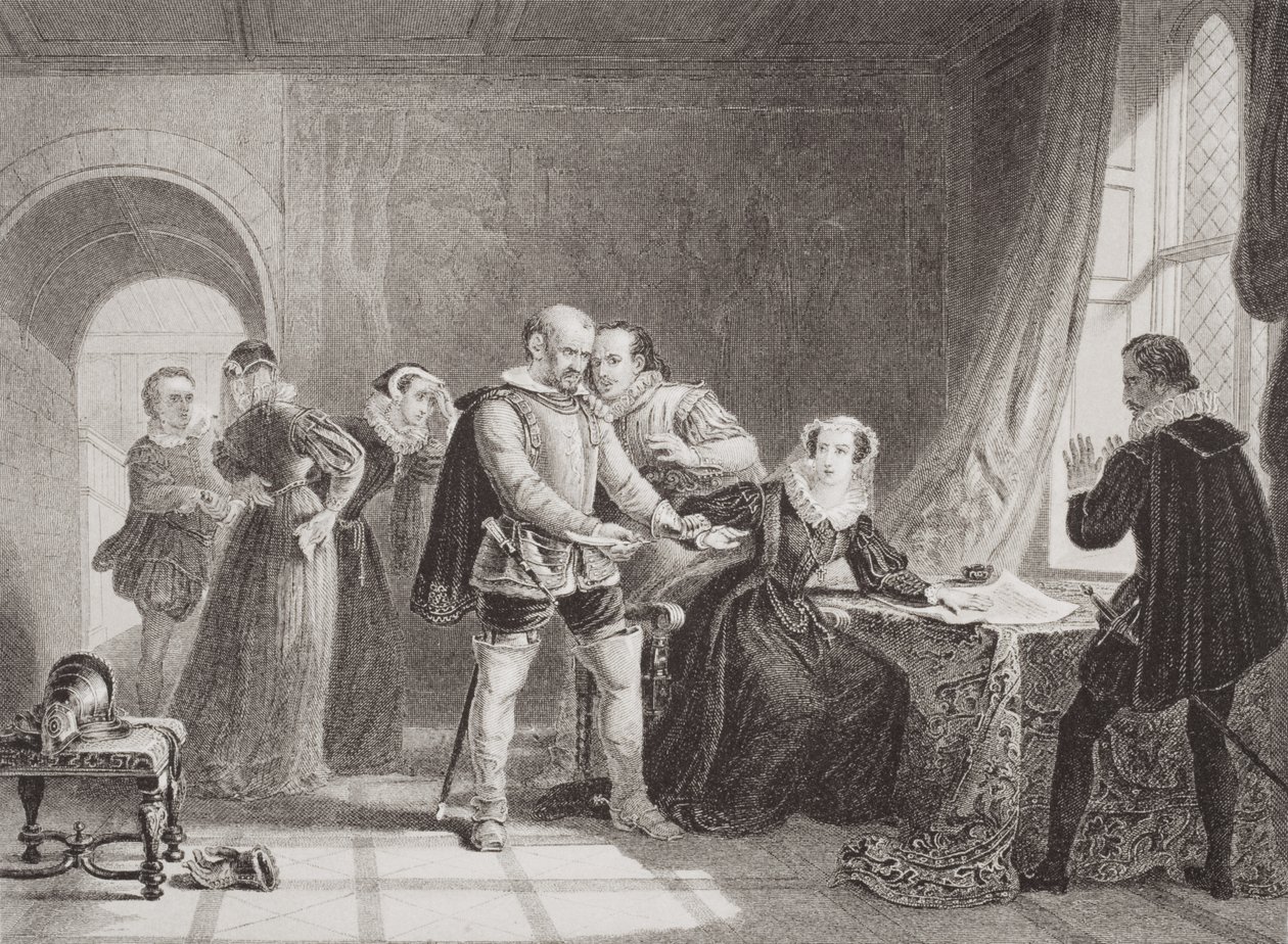 Mary Queen of Scots (1542-87) nucena podepsat svou abdikaci na zámku Lochleven v roce 1567, z „Ilustrace anglické a skotské historie“ Volume I od Sir William Allan