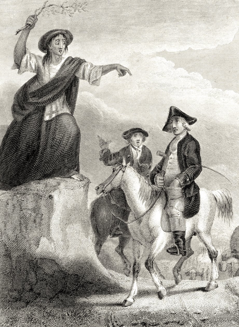 Meg Merrilies předpovídající pád rodu Ellangownů, ilustrace z knihy "Guy Mannering" od Sira Waltera Scotta (1771-1832) vydané v roce 1820 od Sir William Allan