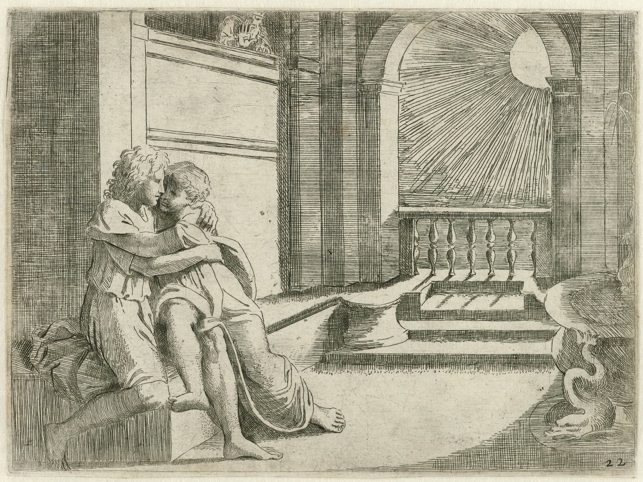 Abimelech ziet Isaak Rebekka liefkozen Bijbelse scènes (název série) Historia del Testamento Vecchio / Maloval v Římě ve Vatikánu Raffaelle di Urbin (...) (název série) od Sisto Badalocchio