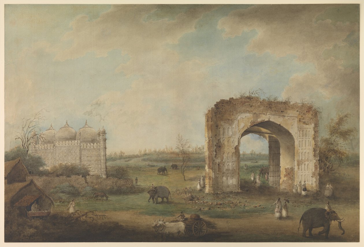 Pohled na mešitu a bránu v Motijhil, cca 1814–23 (neprůhledný akvarel na papíře) od Sita Ram (attr. to)