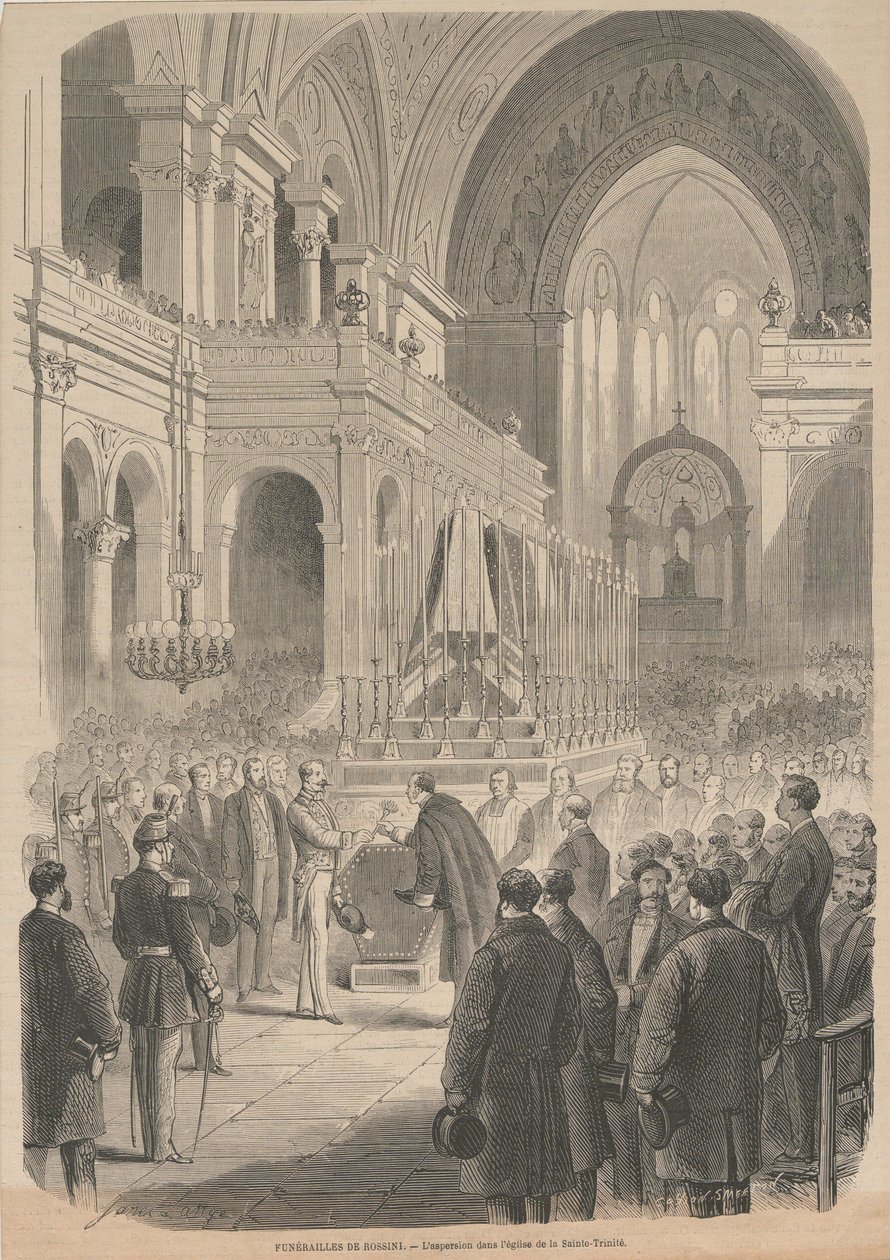 Pohřeb Gioacchina Rossiniho. Zasvěcení v kostele Nejsvětější Trojice, 1868. od Smeeton and Cie . Cosson