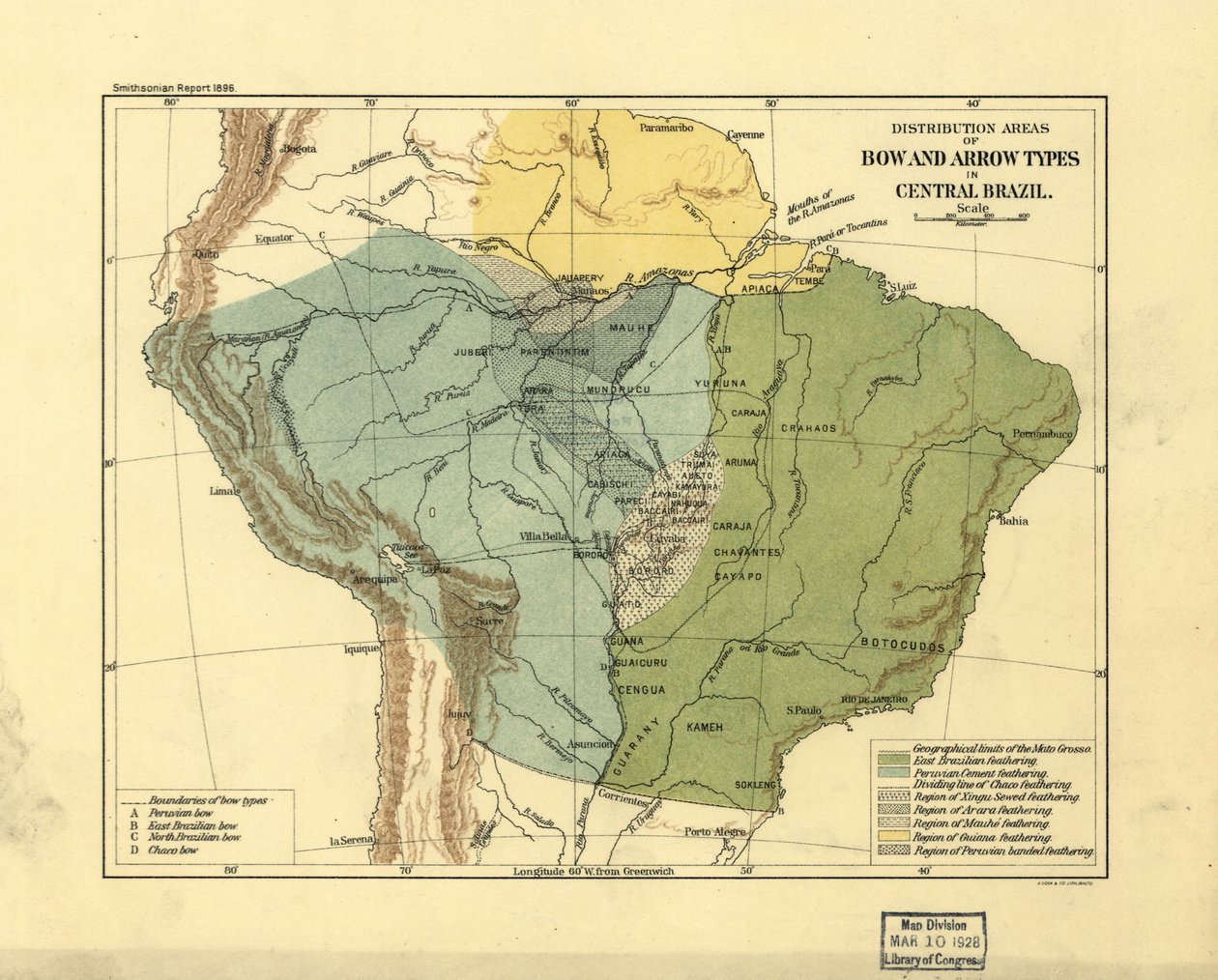 Oblasti rozšíření druhů luků a šípů ve střední Brazílii. LOC 2003627075 od Smithsonian Institution