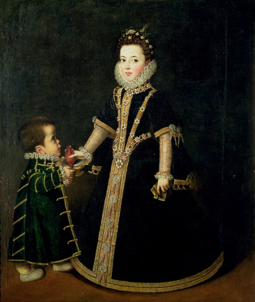 Dívka s trpaslíkem, která je považována za portrét Margarity Savojské, dcery vévody a vévodkyně Savojské, kolem roku 1595 od Sofonisba Anguissola