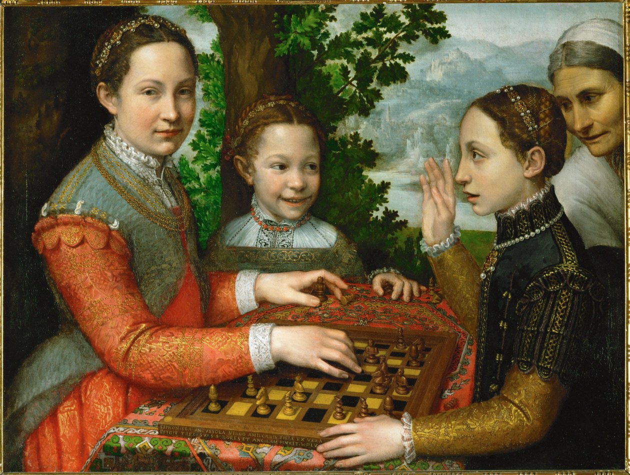 Šachová partie, do které jsou zapojeny tři malířovy sestry a sluha. od Sofonisba Anguissola