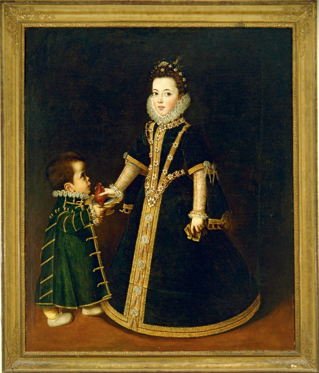 Dívka s trpaslíkem, pravděpodobně portrét Margaridy Savojské, dcery vévody a vévodkyně Savojské ... (malba na plátně) od Sofonisba Anguissola