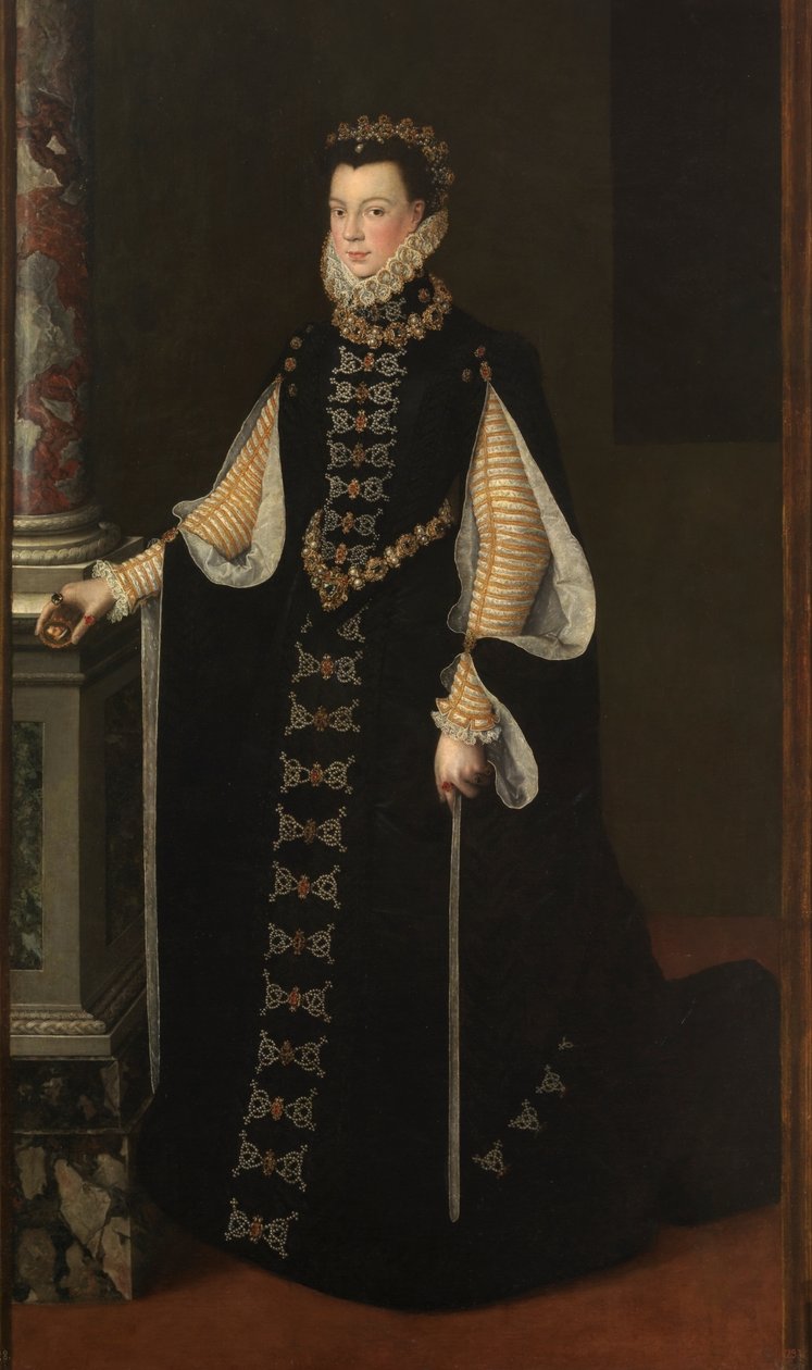 Španělsky: Isabel de Valois sosteniendo un retrato de Felipe II Portrét Alžběty z Valois držící portrét Filipa II. od Sofonisba Anguissola