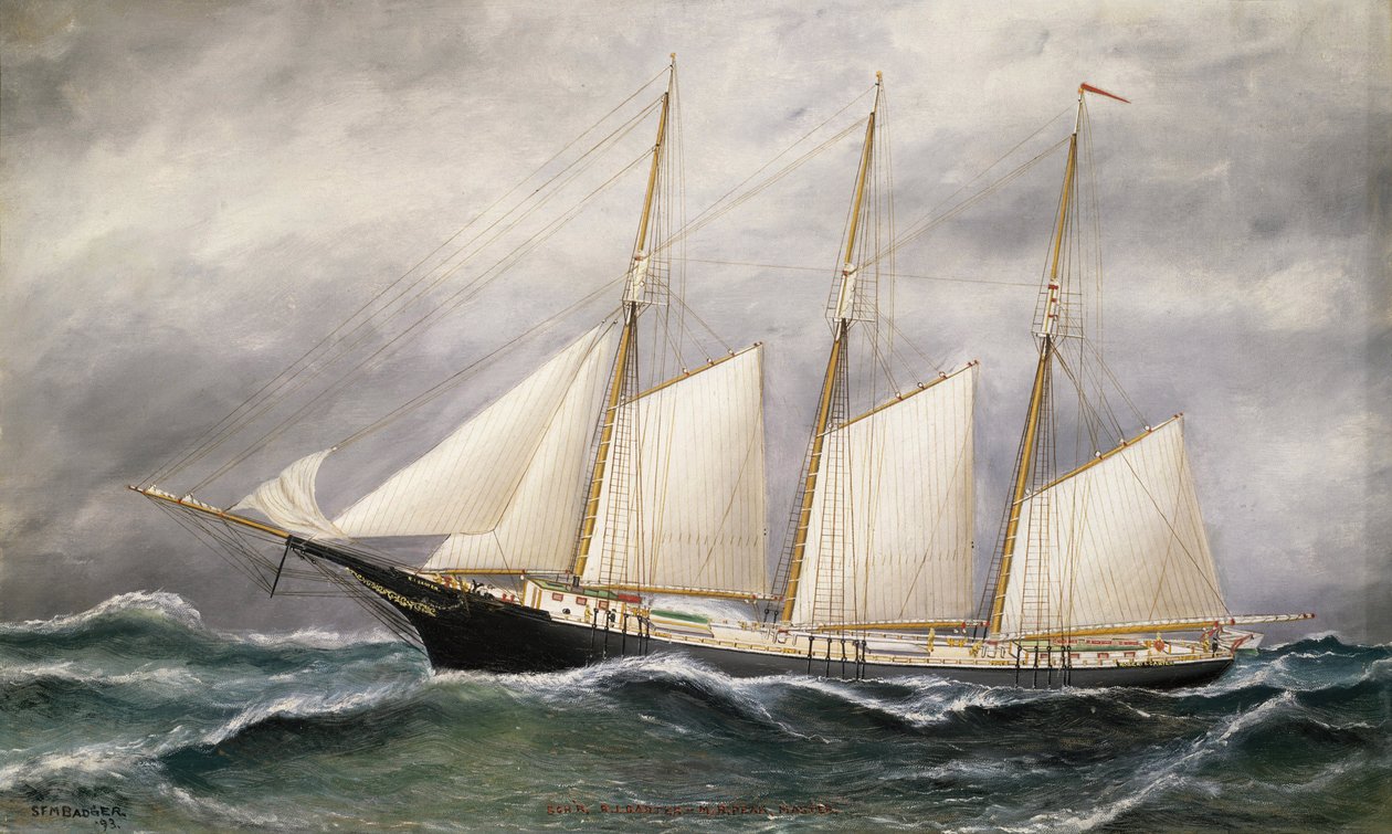Škuner "Robert Ingle Carter", spuštěný na vodu v roce 1891 v Bostonu (Massachusetts, USA) pro obchodníka s uhlím v Newportu (Rhode Island, USA). od Solon Francis Montecello Badger