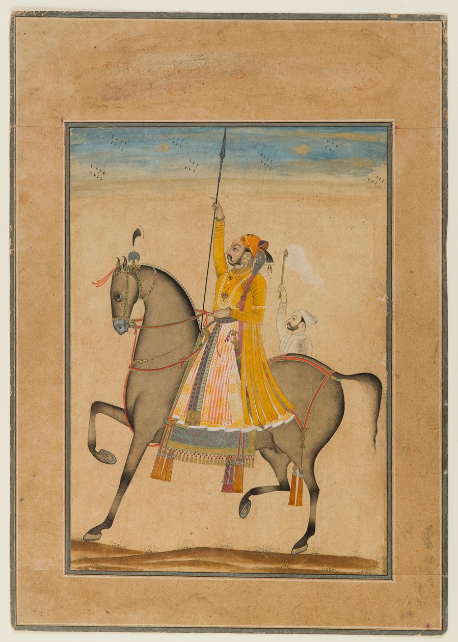 Jezdecký portrét maharaja Sujan Singh z Bikaner, 1747 (neprůhledné wc, stříbro a zlato na papíře) od Son of Muhammad attr. to Kasam