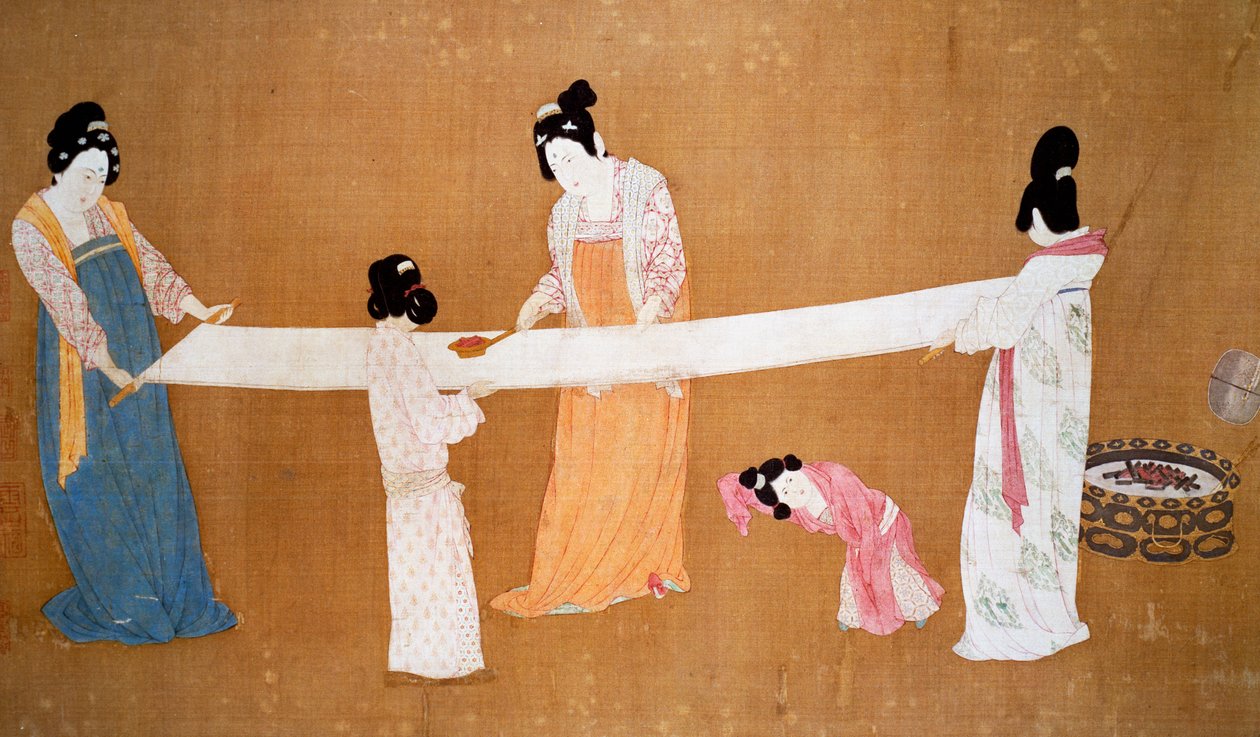 Dámy připravující nově tkané hedvábí, obraz připisovaný císaři Hui-Tsung, dynastie Song, Čína od Song Dynasty Chinese School
