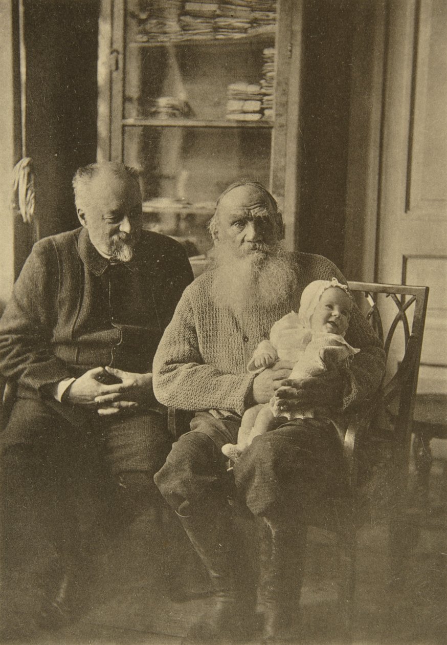 Ruský autor Leo Tolstoy se svým zetěm a vnučkou, Rusko, c1905-c1906 od Sophia Andreevna Tolstaya