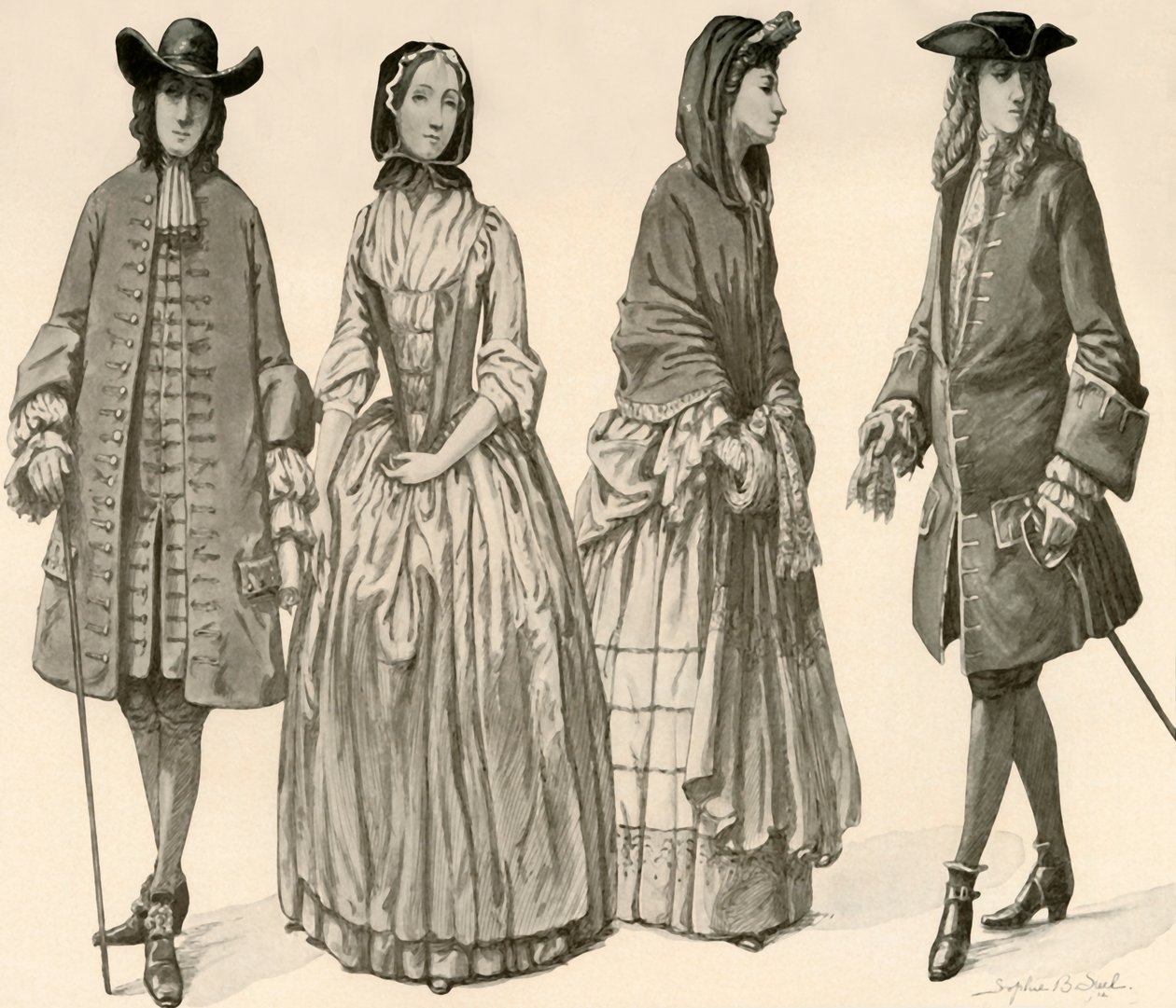 Oděv za vlády Karla II., Jakuba II., Viléma a Marie 1682-1700, 1903, 1937. od Sophie B. Steel