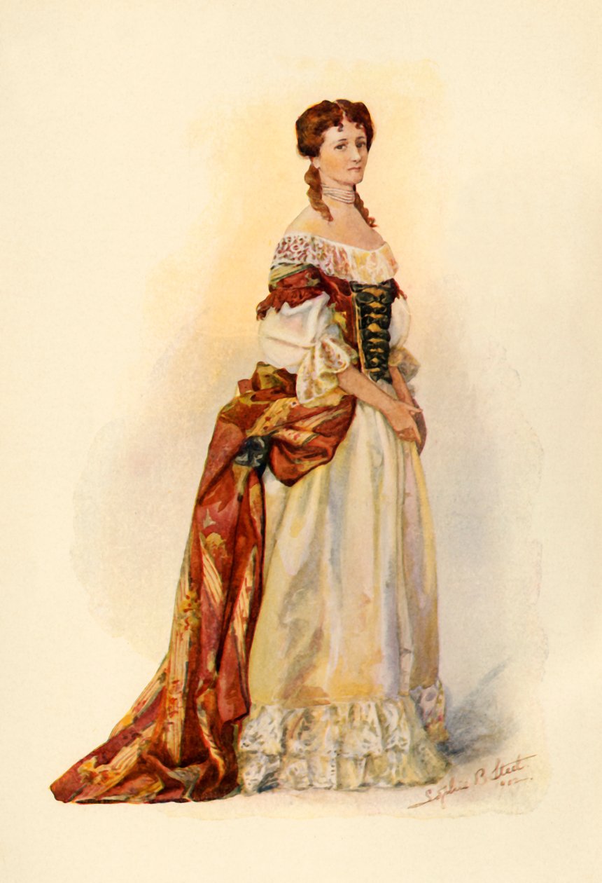Šaty z červeného brokátu nošené v kolonii Barbados c1685, 1903, 1937. od Sophie B. Steel