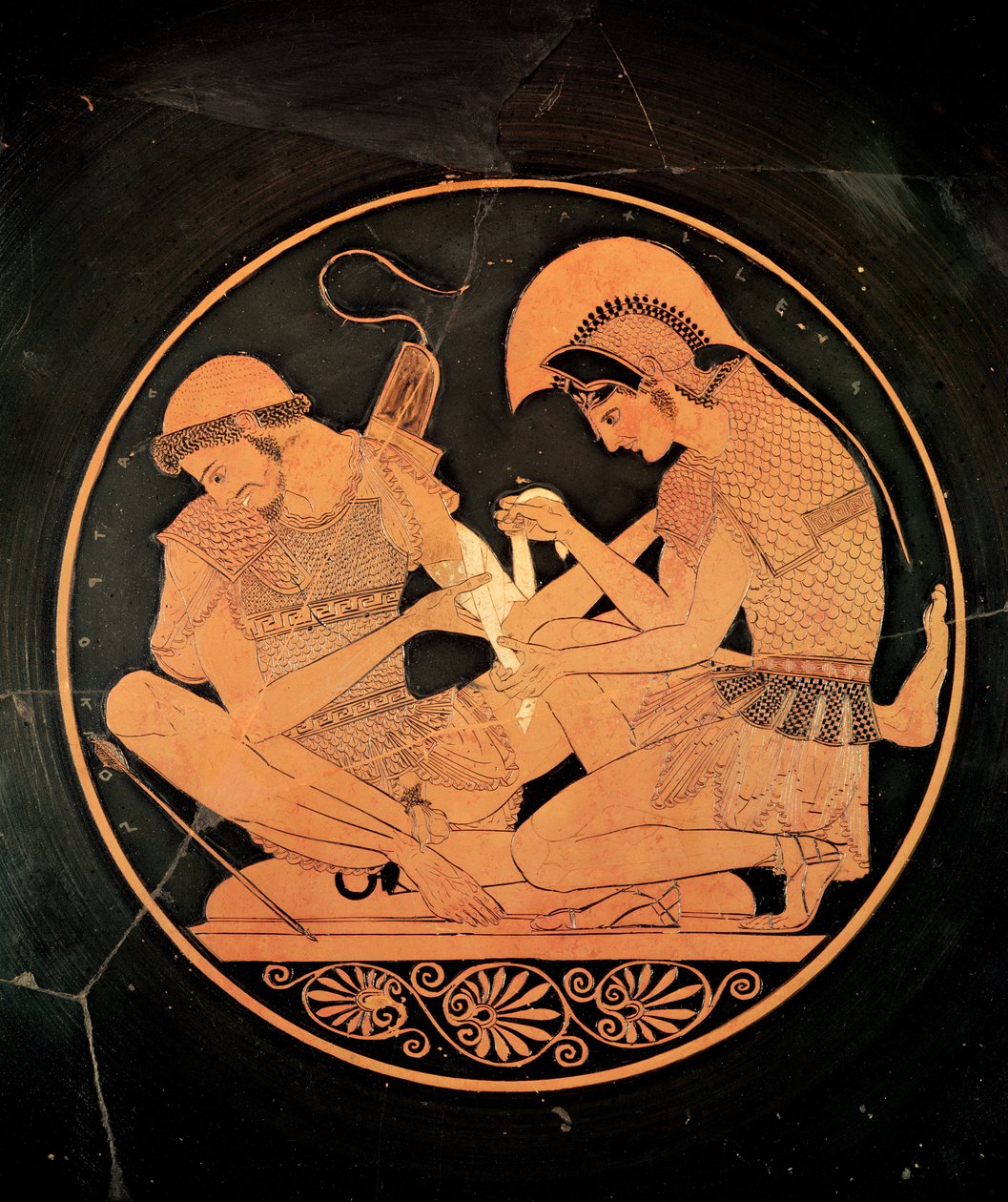 Interiér podkrovní červené figury kylix znázorňující Achilla, který pečuje o zraněné Patroklesy, z Vulci, cca 500 př. n. l. (keramika) od Sosias Painter