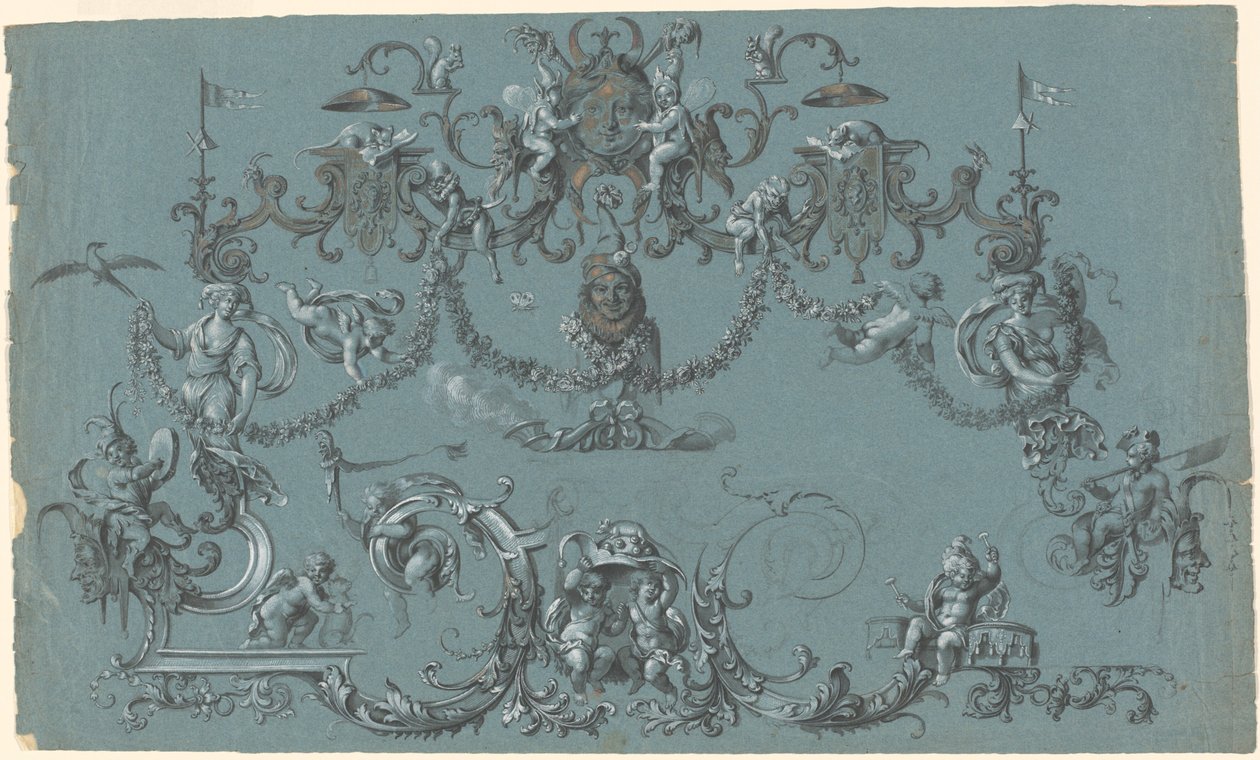 Arabesky s dovádějícími putti, zvířaty a šašky od South German 18th Century
