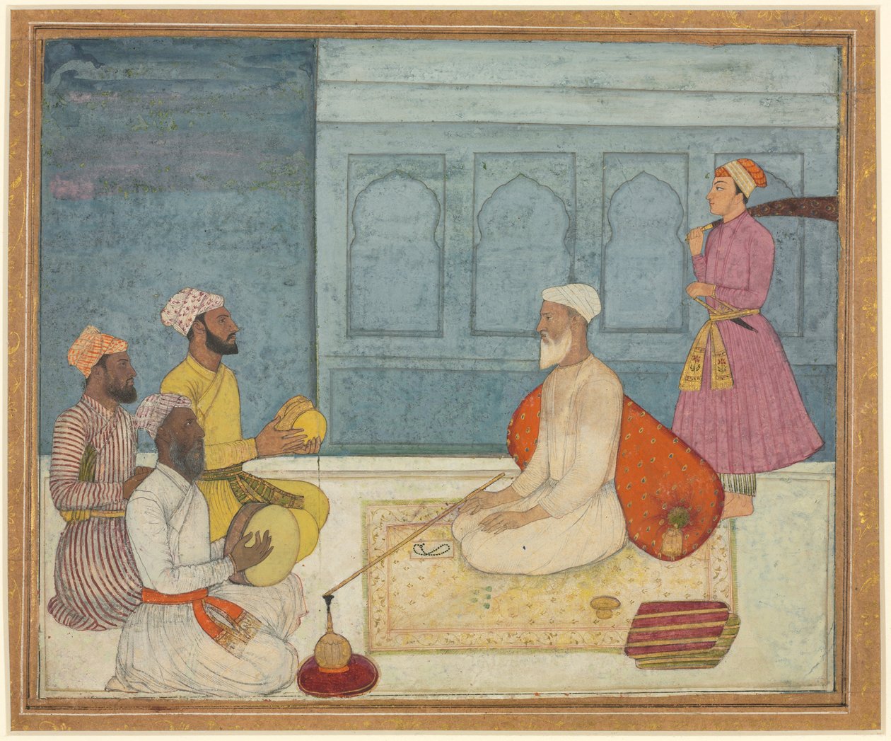 Sultán a hudebníci, kolem 1650 (neprůhledný akvarel a zlato na papíře) od South Indian School