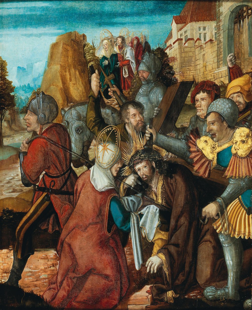 Svatá Veronika předkládá svůj závoj Kristu na jeho cestě na Kalvárii, cca 1515-1520. od Southwest German master.