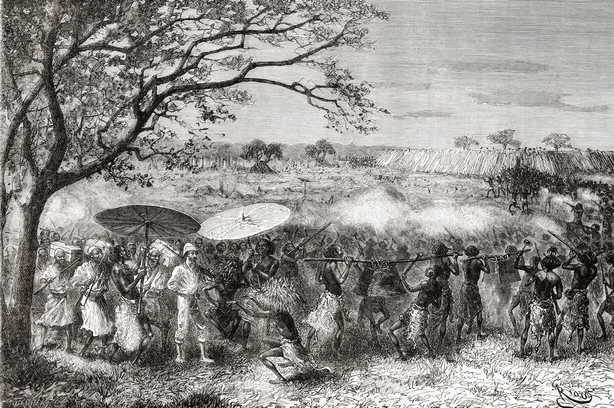 Konžský kmen doprovází průzkumníka Pietra Paola Savorgnana di Brazza a jeho expedici do jejich vesnice, z „Africa Pintoresca“, vydáno 1888 od Spanish School