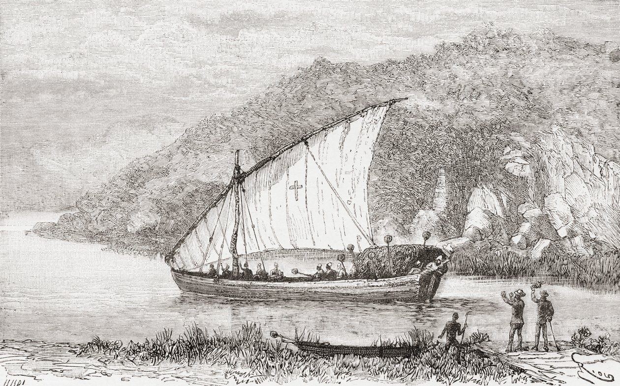 Dhow na řece Kongo v 19. století, z „Africa Pintoresca“, vydáno 1888 od Spanish School
