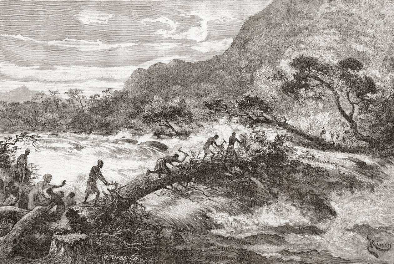 Improvizovaný most ve střední Africe, z „Africa Pintoresca“, publikoval 1888 od Spanish School