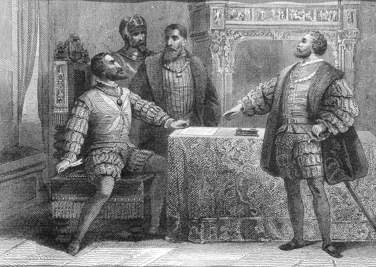 Carlos V. Španělský (1500-58) a Francois I. Francouzský (1494-1547) podepisují Madridskou smlouvu, 14. ledna 1526 od Spanish School