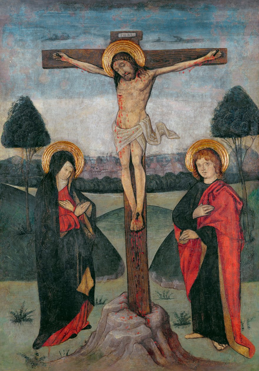Kristus na kříži mezi Pannou Marií a svatým Janem (tempera na desce) od Spanish School