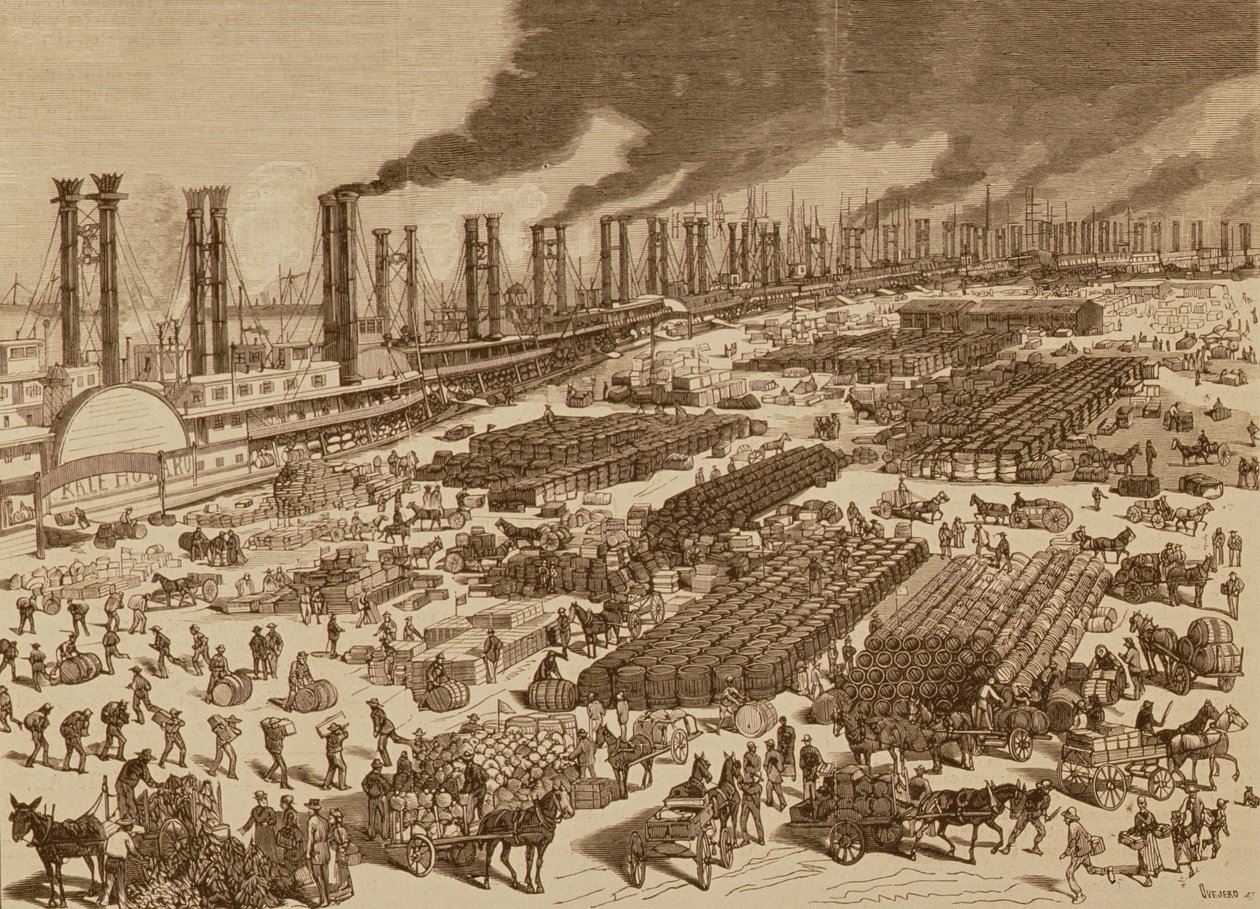 Obchodní činnost a pohled na nábřeží v New Orleans v roce 1880 od Spanish School