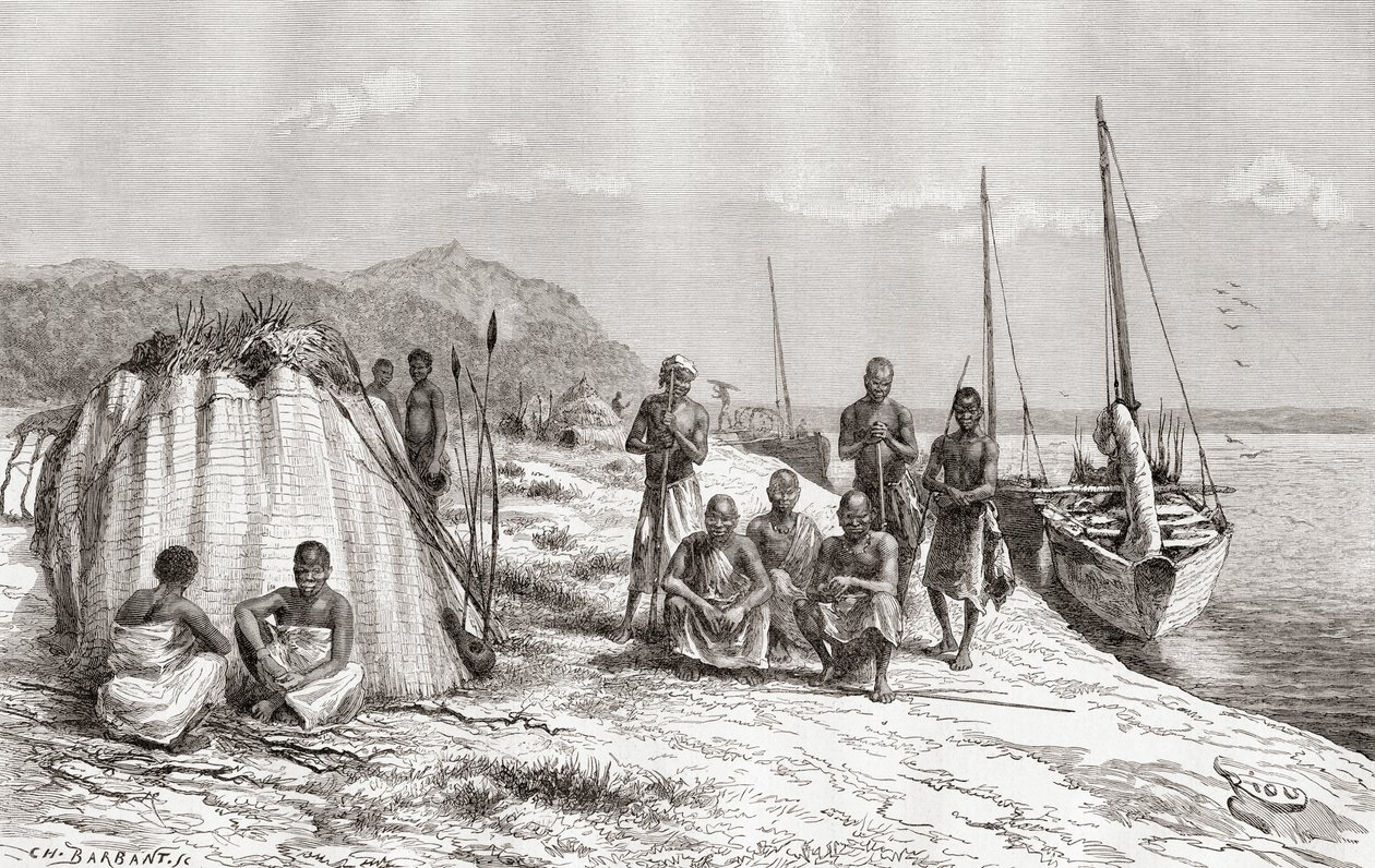 Konžští domorodci na lodích na řece Kongo v 19. století, z „Africa Pintoresca“, vydáno 1888 od Spanish School