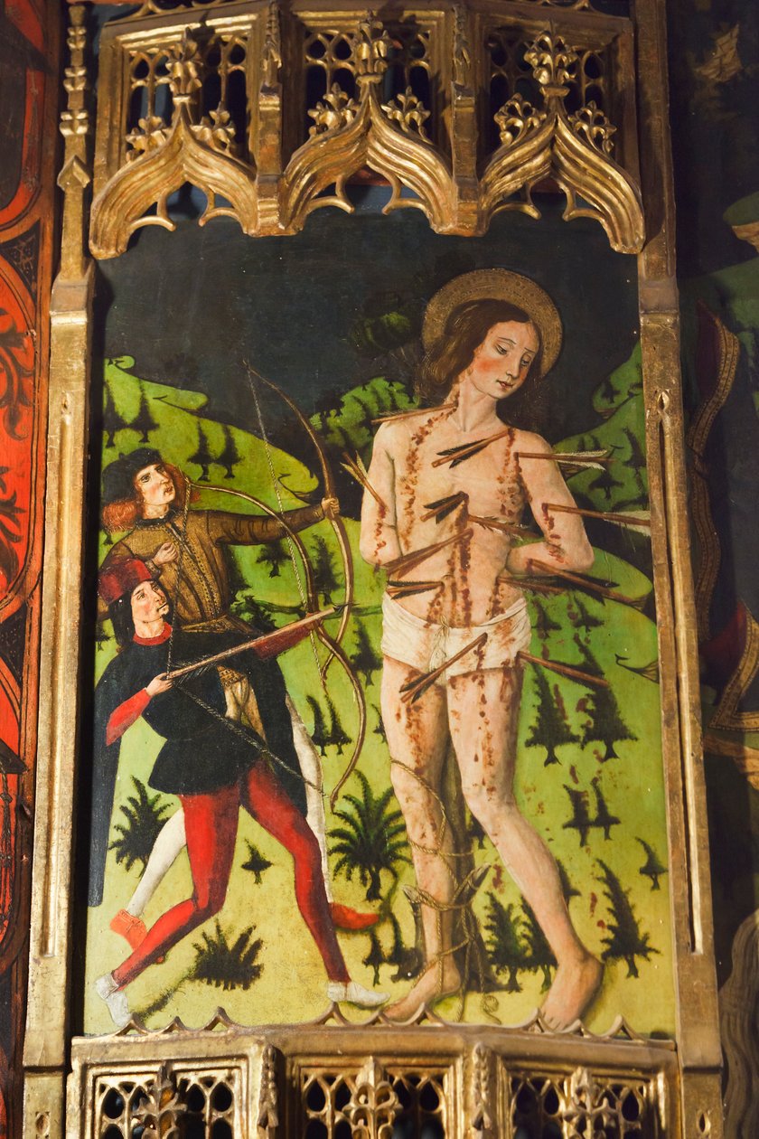 Detail oltářního obrazu kastilské školy zobrazující svatého Šebestiána od Spanish School