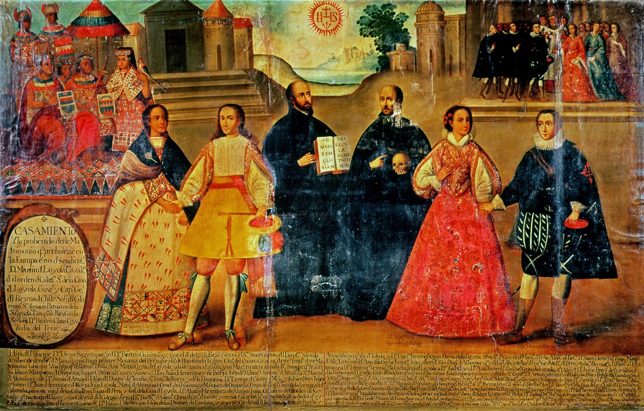 Dvojitá svatba mezi dvěma ženami Inků a dvěma Španěly v roce 1558, kolem roku 1750 (panel) od Spanish School