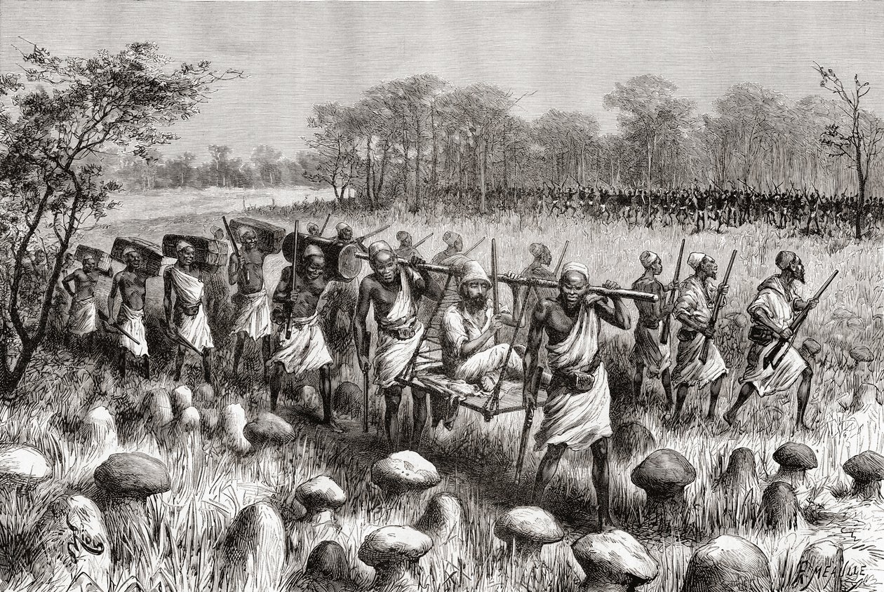 Průzkumník Pietro Paolo Savorgnan di Brazza opouštějící Kalasu v Zambii z „Africa Pintoresca“, publikováno 1888 od Spanish School
