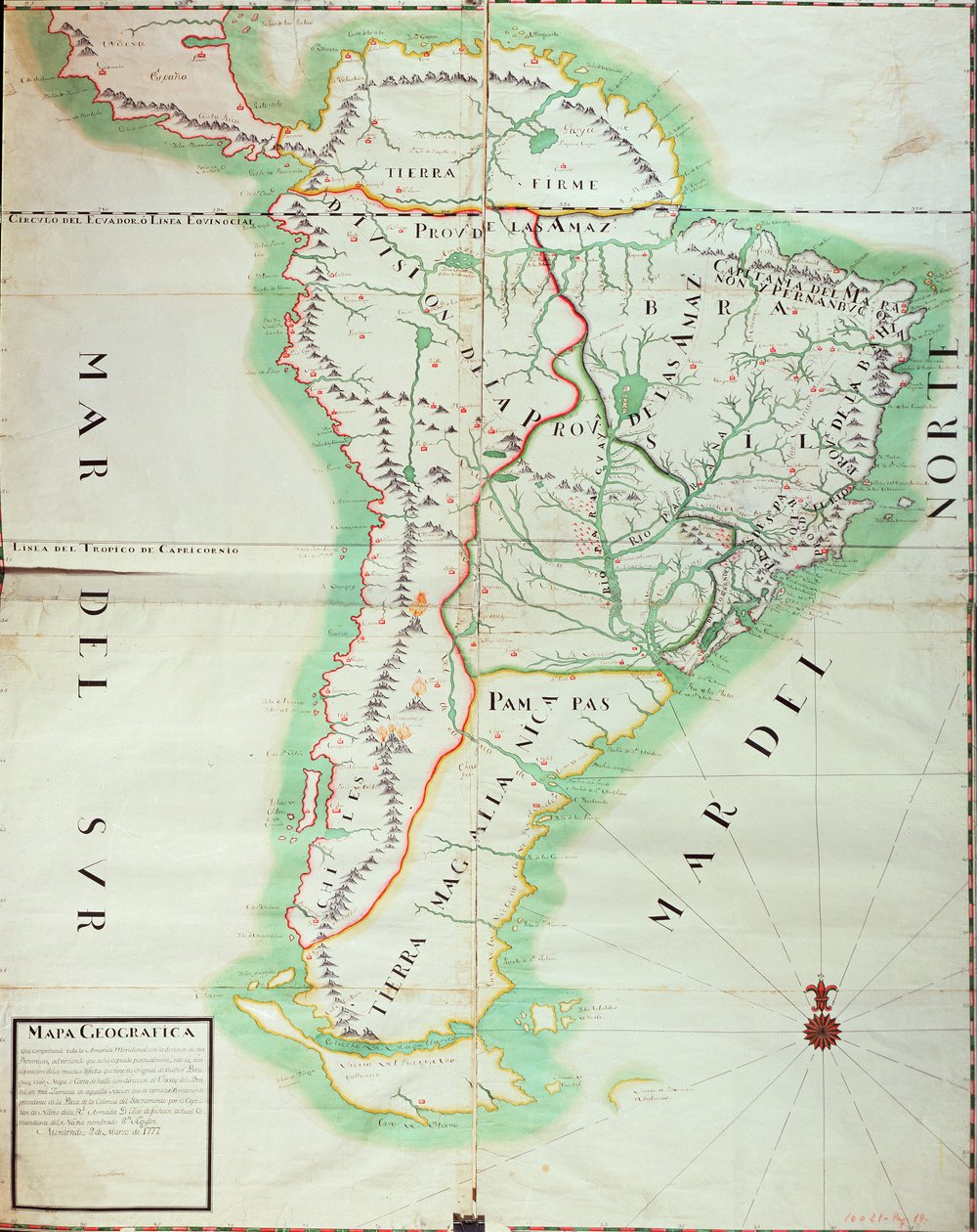 Mapa Jižní Ameriky, 1777 (wc, kvaš a pero a inkoust na papíře) od Spanish School