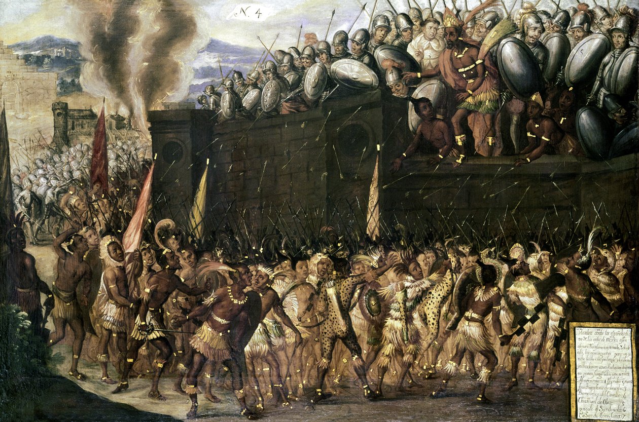 Montezuma (1466-1547), zajatý Španěly, prosí Aztéky, aby se vzdali, když v roce 1520 zaútočili na jeho palác (panel č. 4) od Spanish School