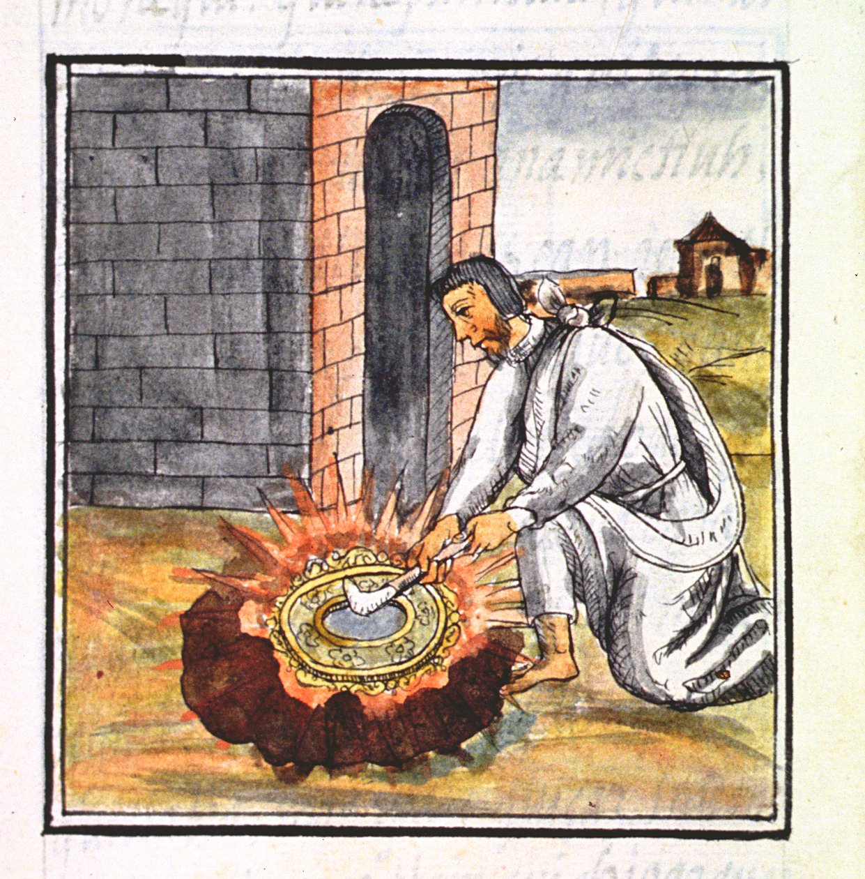 paní Palatová. 218-220 Kniha IX Evropan zabývající se výrobou relikviáře z „Florentinského kodexu“ od Bernardina de Sahagun, kolem 1540-85 od Spanish School