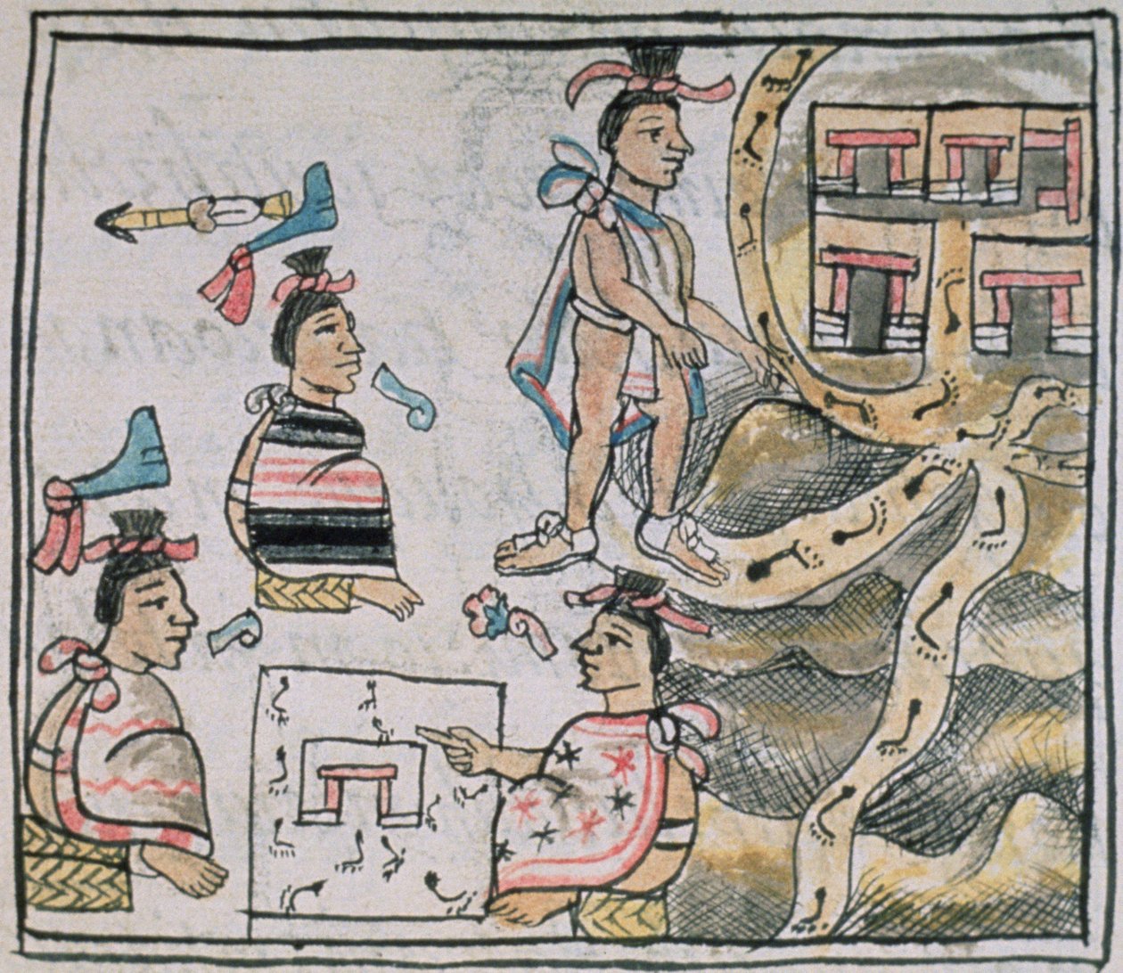 paní Palatová. 218-220 Kniha IX Aztékové konzultují a sledují mapu z „Florentinského kodexu“ od Bernardina de Sahagun, kolem 1540-85 od Spanish School