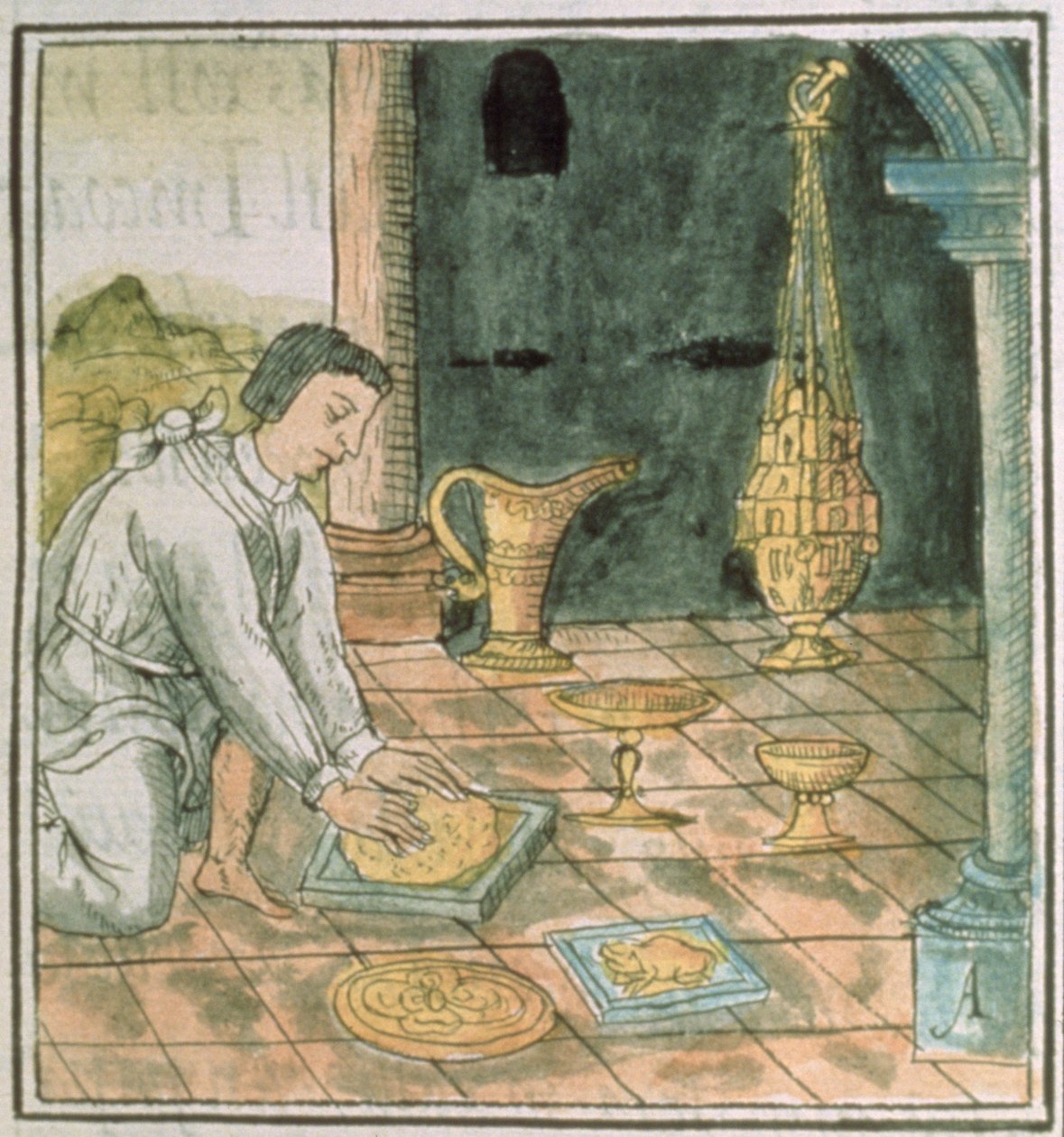 paní Palatová. 218-220 Kniha IX Zlaté předměty v aztéckém obchodě, z „Florentinského kodexu“ od Bernardina de Sahagun, kolem 1540-85 od Spanish School