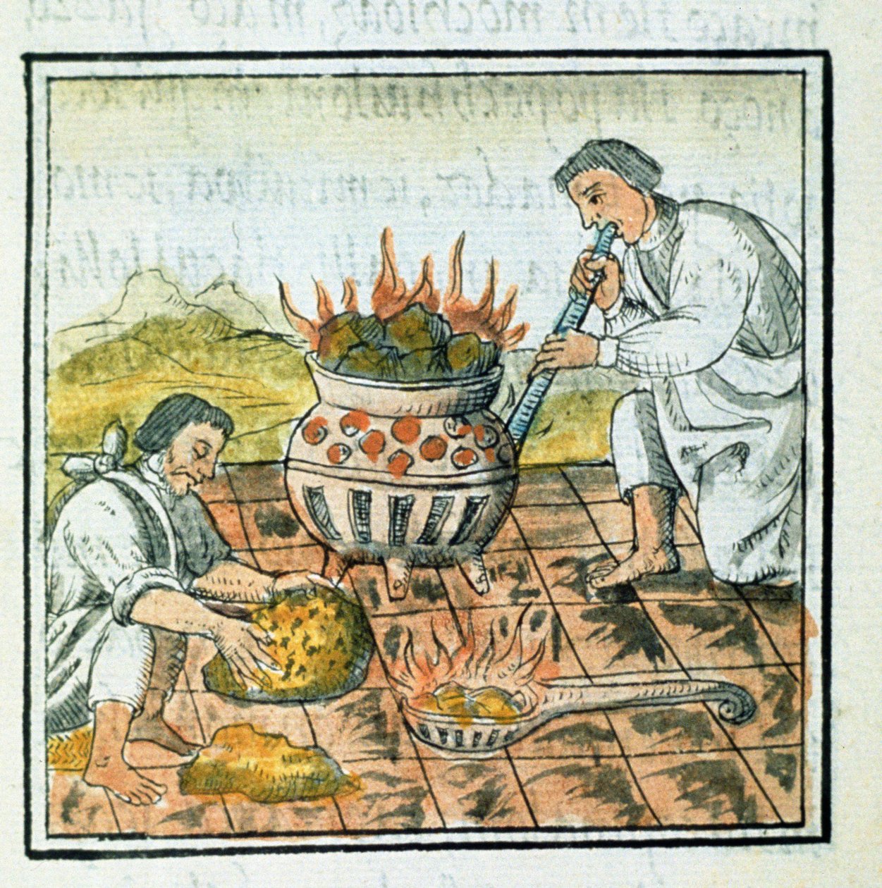 paní Palatová. 218-220 Kniha IX Tavení a odlévání zlata v Aztécké říši, z „Florentinského kodexu“ od Bernardina de Sahagun, kolem 1540-85 od Spanish School