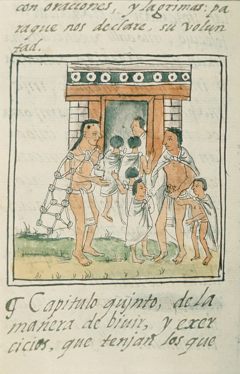 paní Palatová. 218-220 Kniha IX Malé děti vstupující do domu, z „Florentinského kodexu“ od Bernardina de Sahagun, kolem 1540-85 od Spanish School