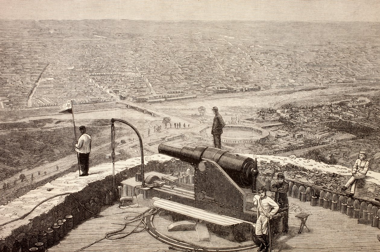 Celkový pohled na Limu, Peru, z pevnosti San Cristobal c.1880, z „La Ilustracion Espanola y Americana“ z roku 1881 od Spanish School