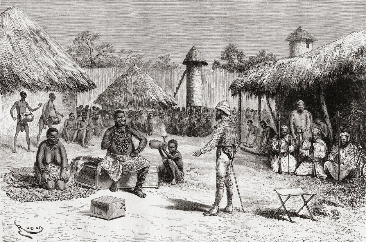 Přijetí objevitele Pietra Paola Savorgnana di Brazza v domě náčelníka Ketimkuru, Uemba, Střední Afrika, z knihy "Africa Pintoresca", vydané roku 1888 od Spanish School