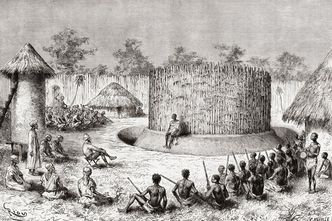 Přijetí pro průzkumníka Pietra Paola Savorgnana di Brazza ve vesnici Chief Mkewe, Tanzanie, z „Africa Pintoresca“, vydáno 1888 od Spanish School