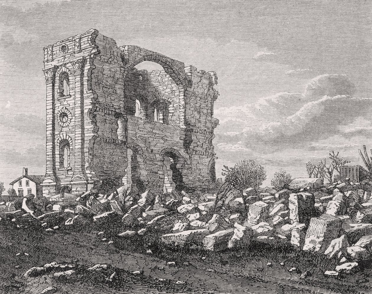 Ruiny mormonského chrámu, Nauvoo, Illinois, v 50. letech 19. století, z „La Vuelta al Mundo“, vydané v Madridu, 1865 od Spanish School