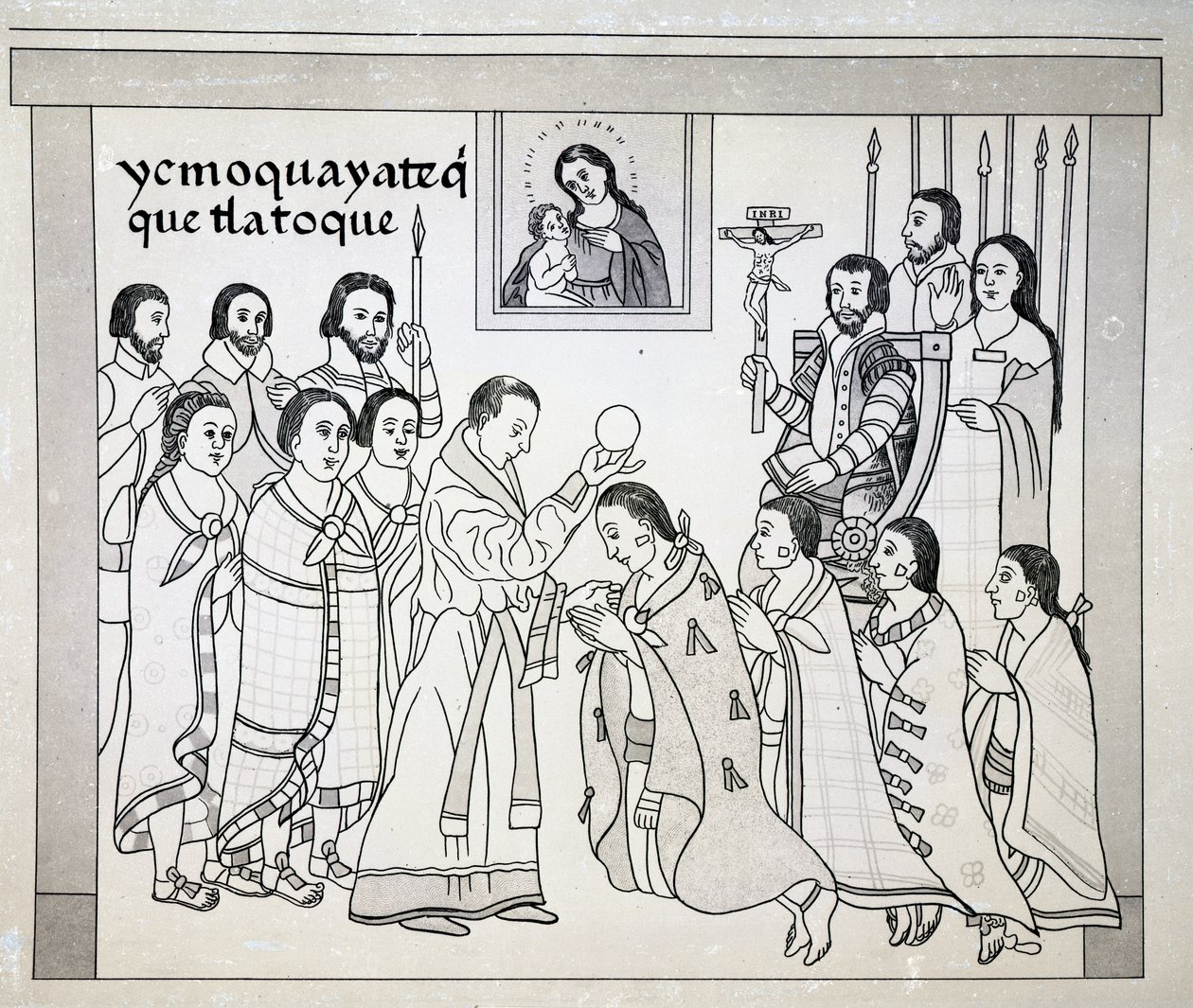 Přeměna Aztéků na římský katolicismus, deska z „Antiguadades Mexicano“ od Alfreda Chavera, 1892 od Spanish School