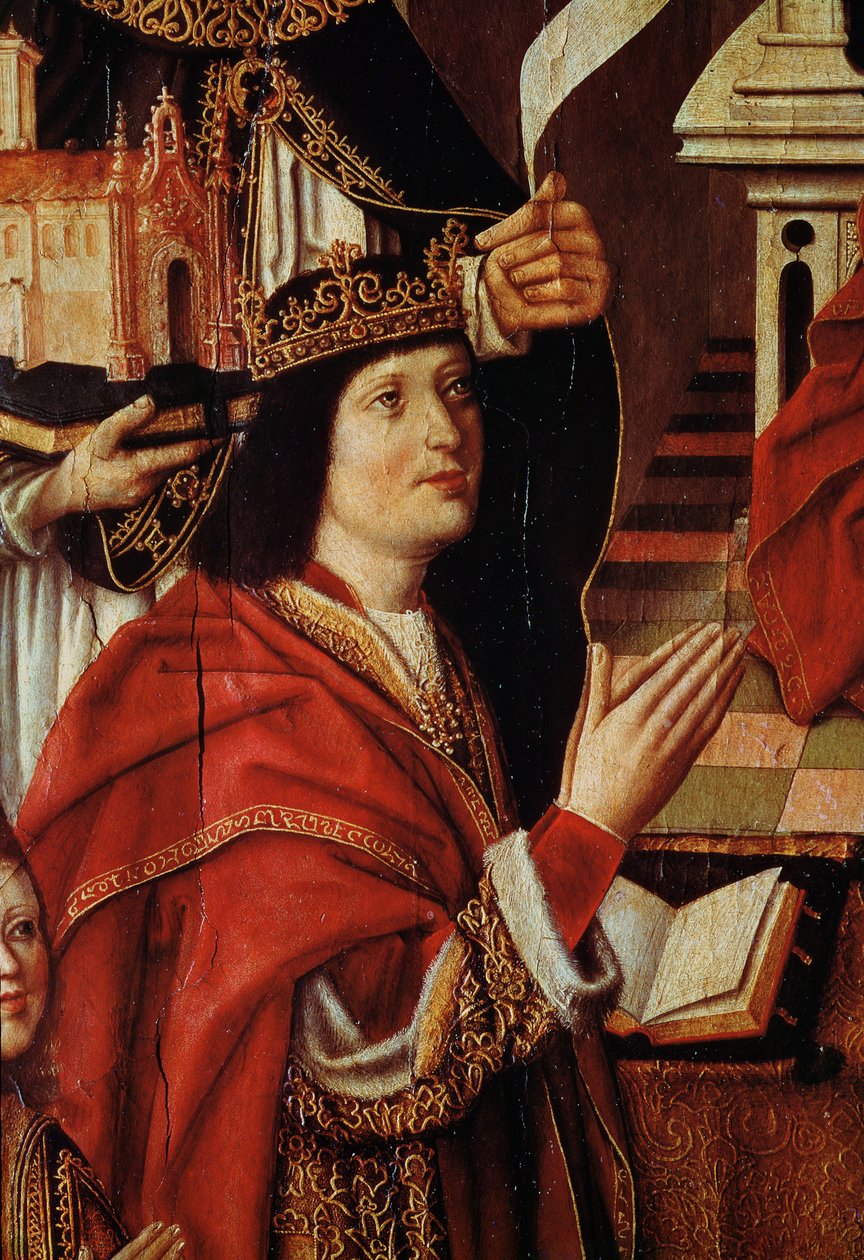 Panna katolických králů, detail zobrazující krále Ferdinanda Španělského (1452-1516) kolem roku 1490 (viz také 60603) od Spanish School