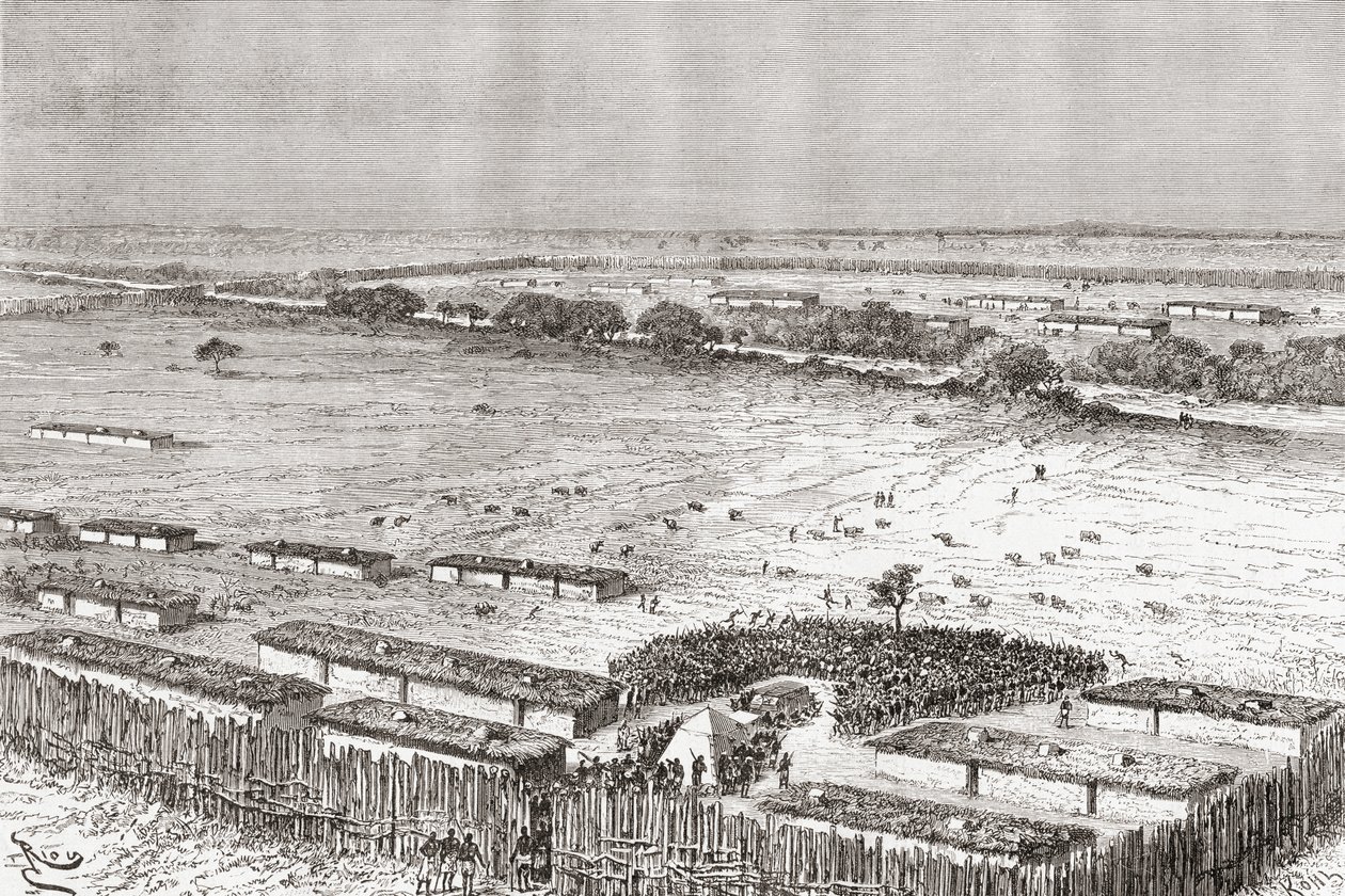 Hlavní město Uhehe, Tanzanie, jak to bylo na konci 19. století, z „Africa Pintoresca“, vydáno 1888 od Spanish School