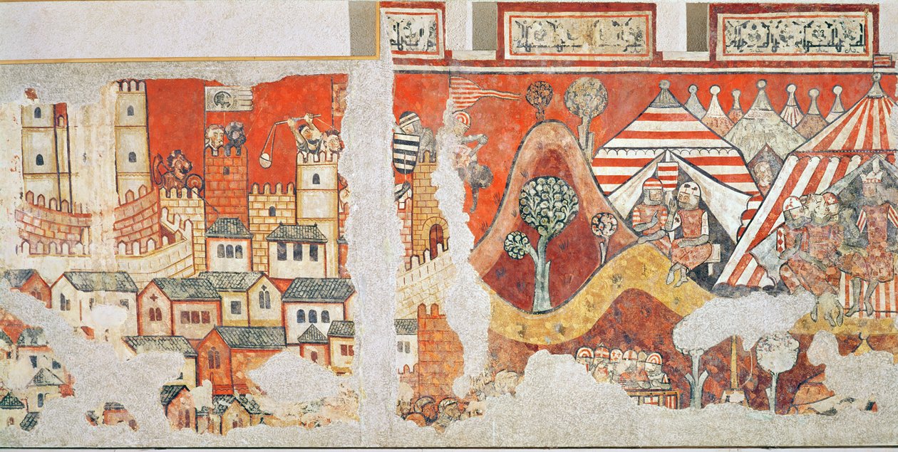 Královský tábor Jakuba I., krále Aragona během obléhání Mallorky v roce 1229, detail z nástěnných maleb v Palacio Aguilar, 1280 od Spanish School
